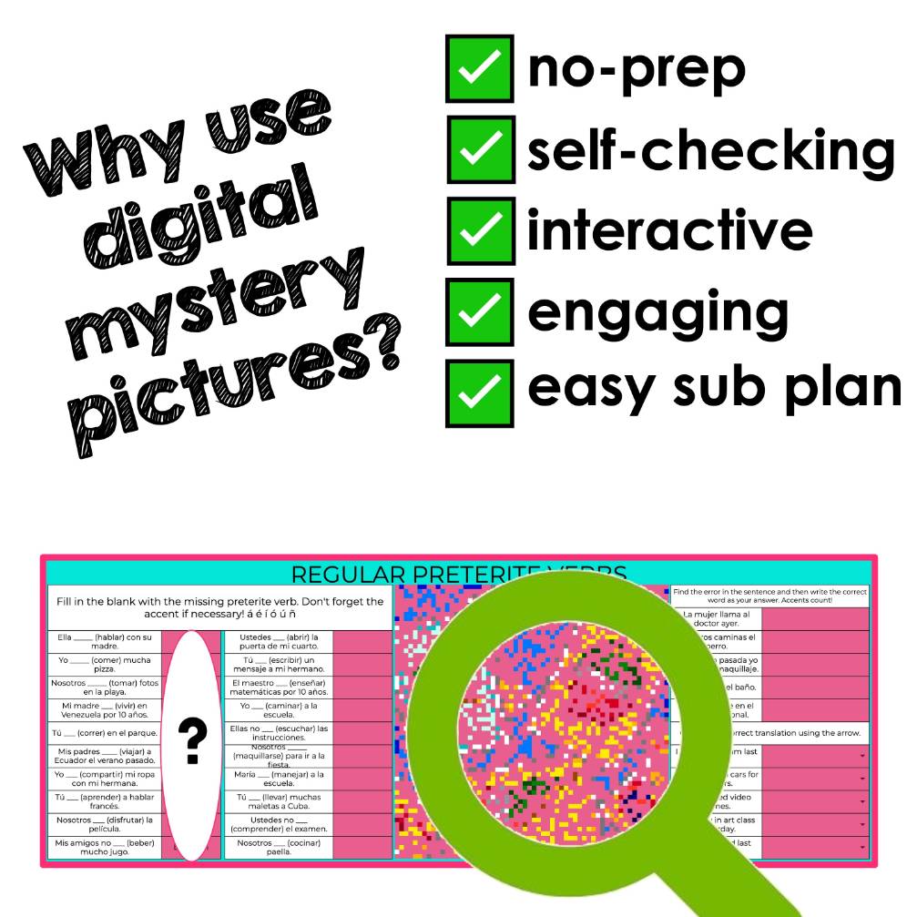 Regular Preterite Verbs Mystery Picture Spanish Pixel Art Digital Activity