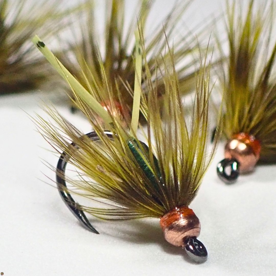 Close-up of the Olive Lil Dynamite wet fly by Matt Campbell, The Fly Guy, designed for trout, panfish, and carp.