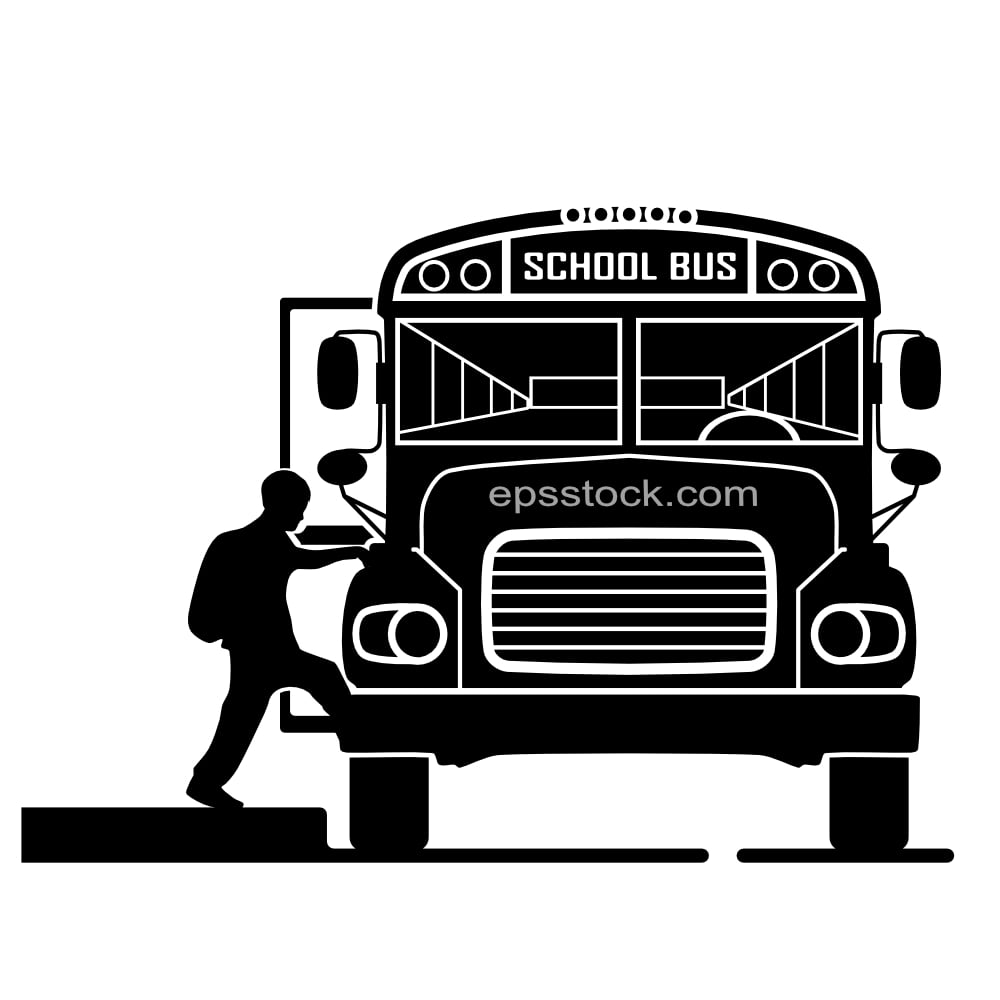 child getting on school bus, front view