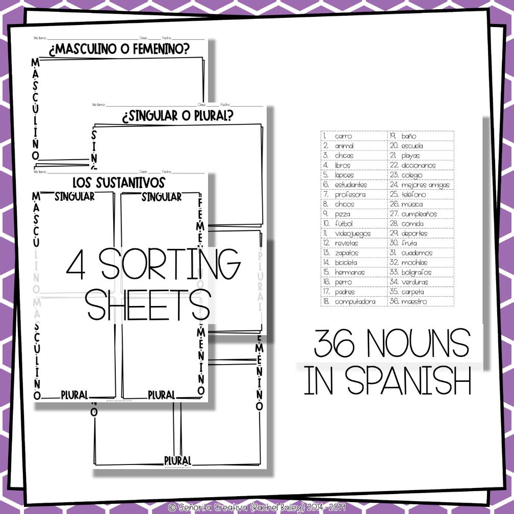 Gender and Number of Nouns Spanish Sorting Activity and Worksheets