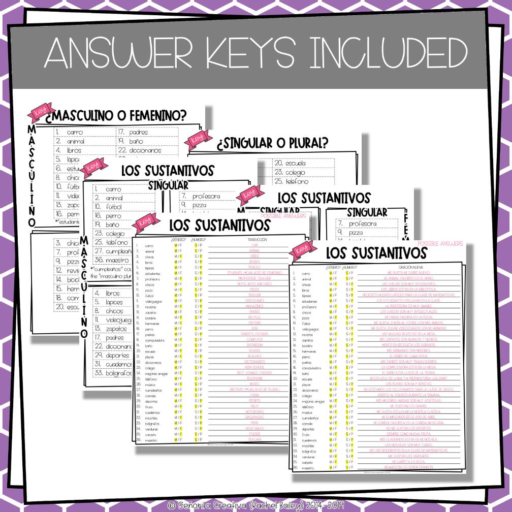 Gender and Number of Nouns Spanish Sorting Activity and Worksheets