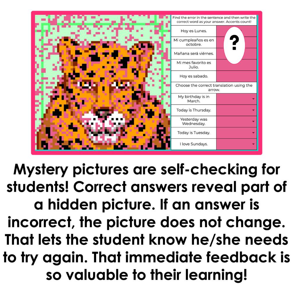 Spanish Days and Months Vocabulary Digital Mystery Picture Spanish Pixel Art