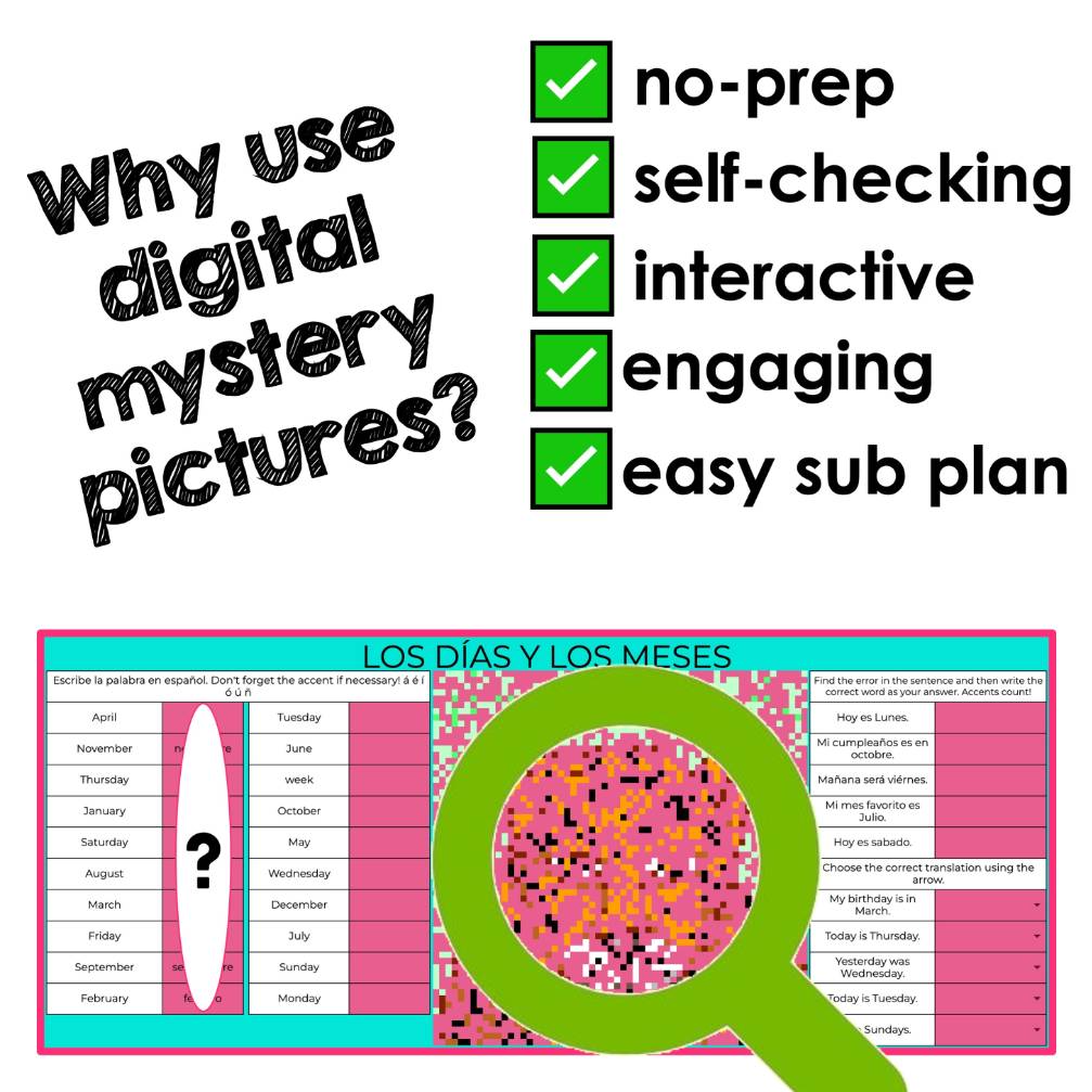 Spanish Days and Months Vocabulary Digital Mystery Picture Spanish Pixel Art