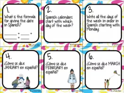 Spanish Days, Months, and Dates Task Cards Spanish La Fecha Review Activity