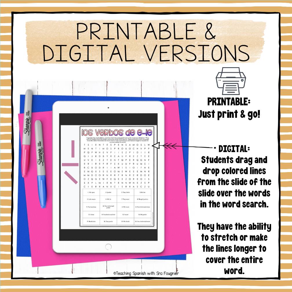 Spanish Stem Changing Verbs Word Search Puzzle Worksheets Printable and Digital