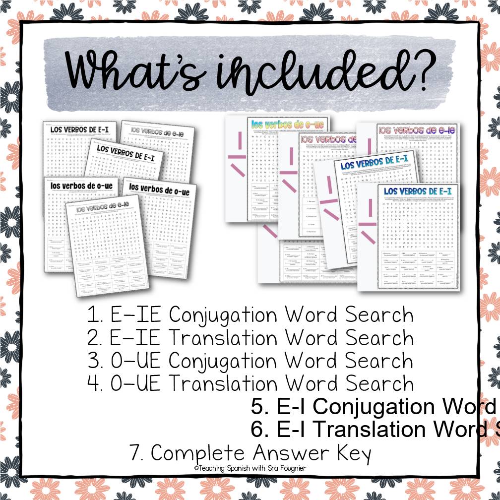 Spanish Stem Changing Verbs Word Search Puzzle Worksheets Printable and Digital