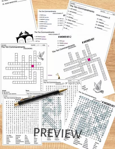 The Ten Commandments Worksheets Crossword-Word Scramble-Word Search Quiz