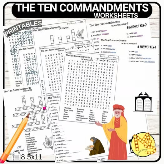 The Ten Commandments Worksheets Crossword-Word Scramble-Word Search Quiz