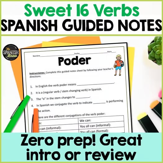 Spanish Sweet 16 verbs guided notes worksheets - Spanish high frequency verbs