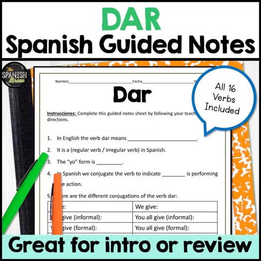 Spanish Sweet 16 verbs guided notes worksheets - Spanish high frequency verbs