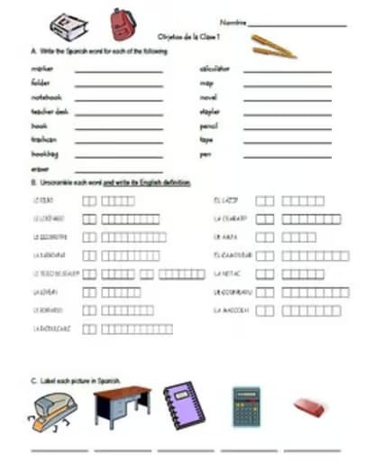 Spanish La Escuela School Supplies Vocabulary Worksheets & Practice Word Search