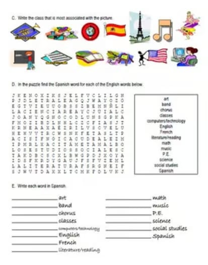 Spanish La Escuela School Supplies Vocabulary Worksheets & Practice Word Search