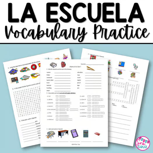 Spanish La Escuela School Supplies Vocabulary Worksheets & Practice Word Search