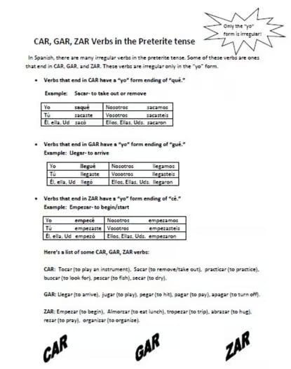 Car, Gar, Zar Verbs Spanish Irregular Preterite Activities and Worksheets