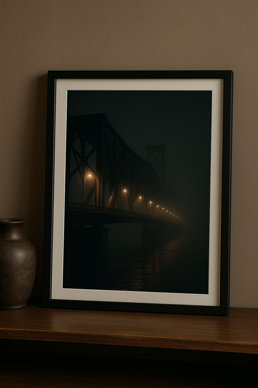 Foggy industrial bridge at night with glowing streetlights reflecting on the water — dark aesthetic fine art photography print