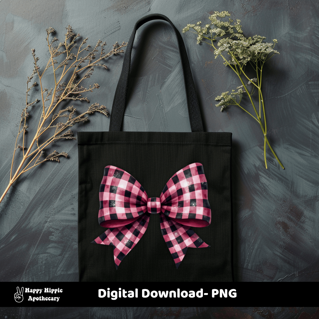 Pink and black checkered bow displayed on a black tote bag beside dried florals, showing digital bow clipart for bag design or craft mockups