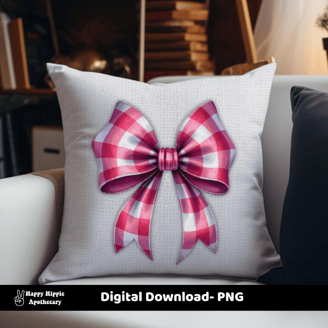 Pink and white gingham bow printed on a throw pillow in a cozy home setting, showcasing digital clipart use for sublimation or decor projects