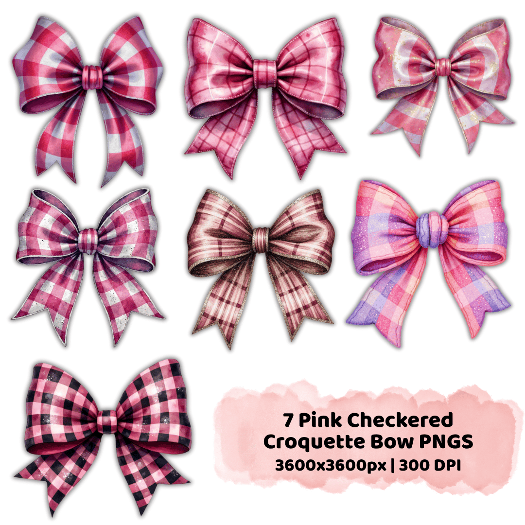 Seven pink plaid and gingham bow PNGs in various shades and textures, labeled with image specs 3600x3600 px and 300 DPI