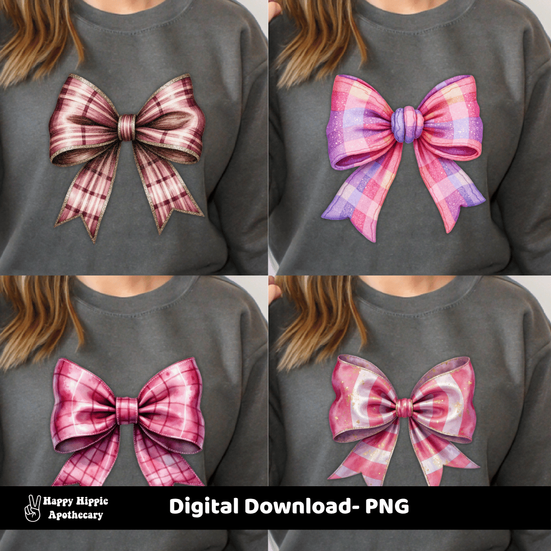 Multiple pink plaid and pastel bows displayed on gray sweatshirts, showing examples of printable clipart for clothing designs