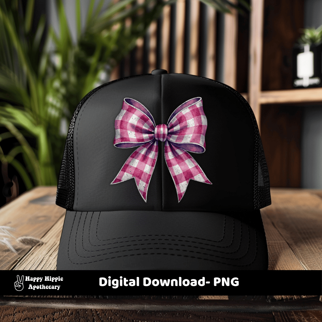 Pink and white gingham bow printed on a black trucker hat, demonstrating coquette bow PNG use for apparel or accessory design