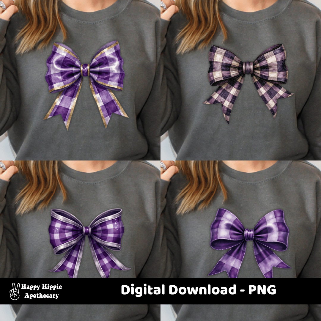 Four purple plaid and checkered bows displayed on gray sweatshirts, showing how the digital clipart looks on clothing and sublimation projects
