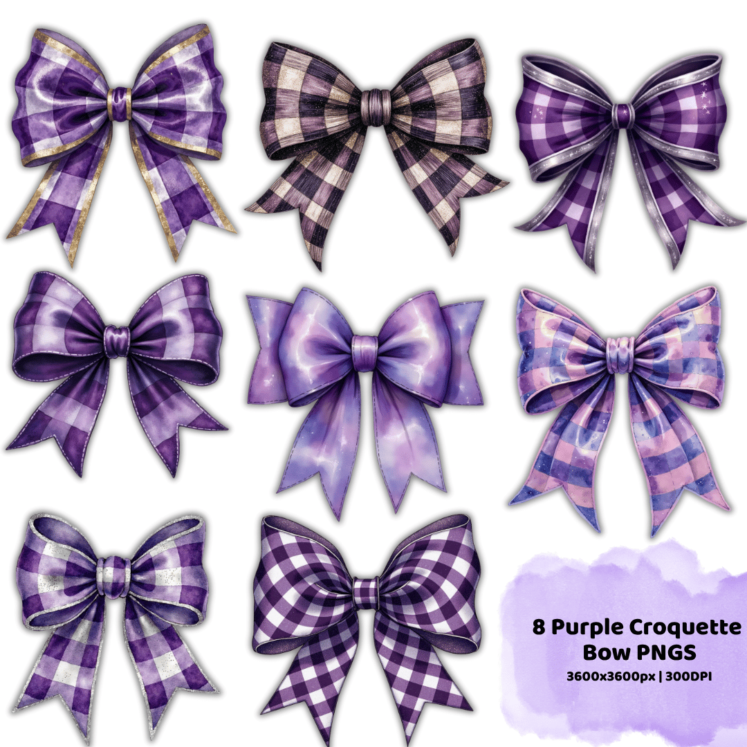 Eight purple coquette bows in plaid, checkered, and watercolor gradient styles on a white background with label text showing resolution and DPI