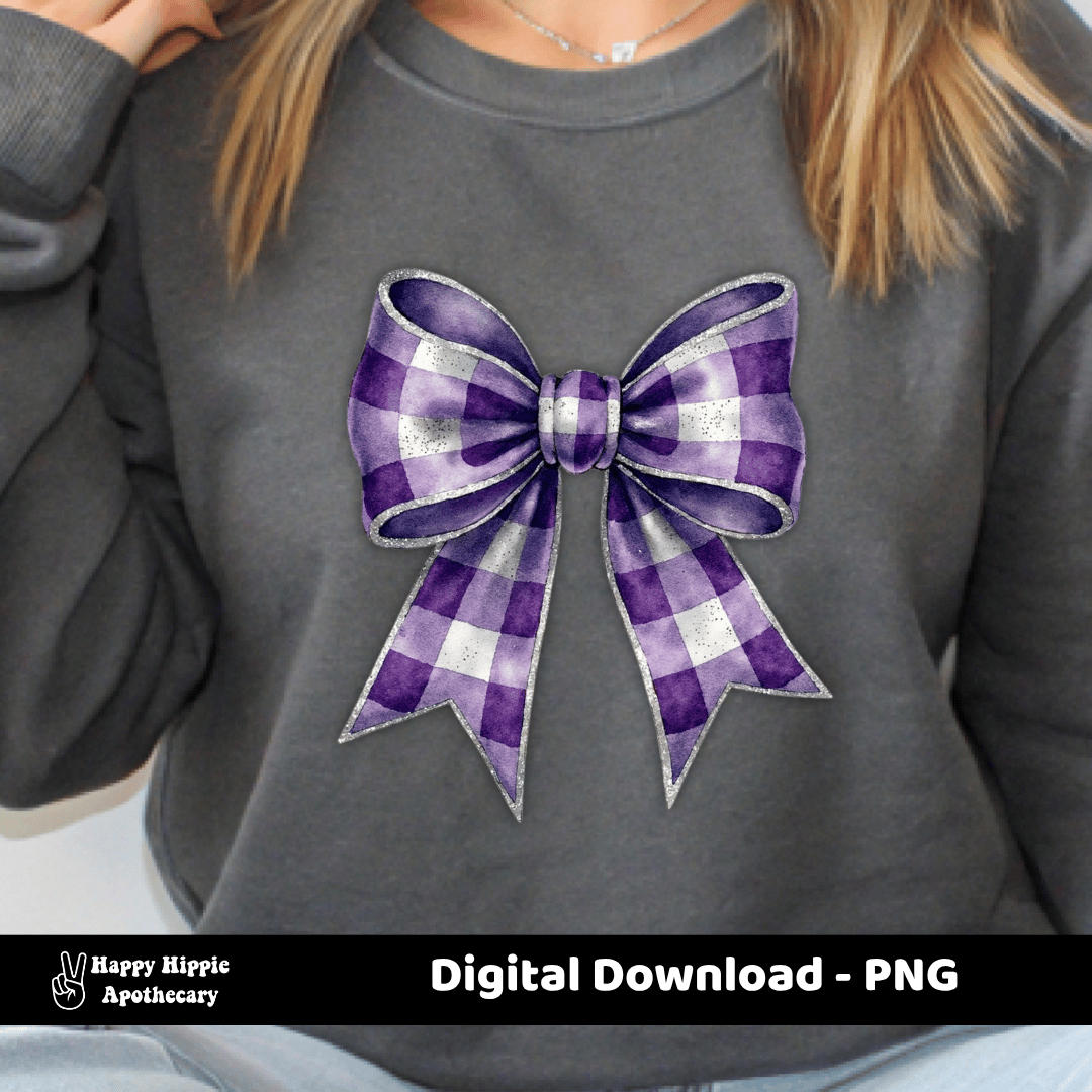 Close-up of a purple gingham bow printed on a gray sweatshirt, highlighting shimmer texture and realistic folds for sublimation or digital product display