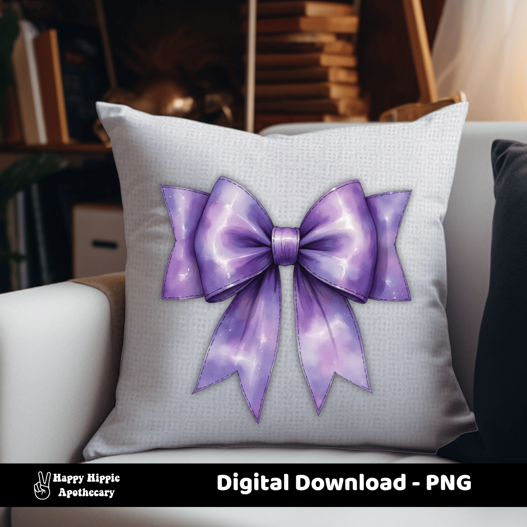 Watercolor-style purple gradient bow printed on a white throw pillow in a modern living room scene, showing creative use for home decor projects