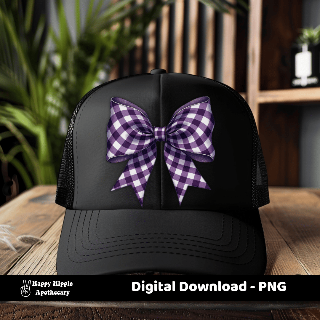Purple gingham bow printed on a black trucker hat in a cozy indoor setting, showing realistic use of the digital bow clipart for apparel design