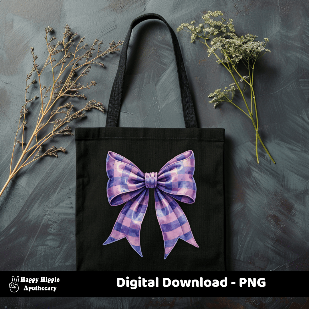 Purple checkered bow printed on a black tote bag with dried florals beside it, showing how the coquette bow PNG can be used in mockups or crafts