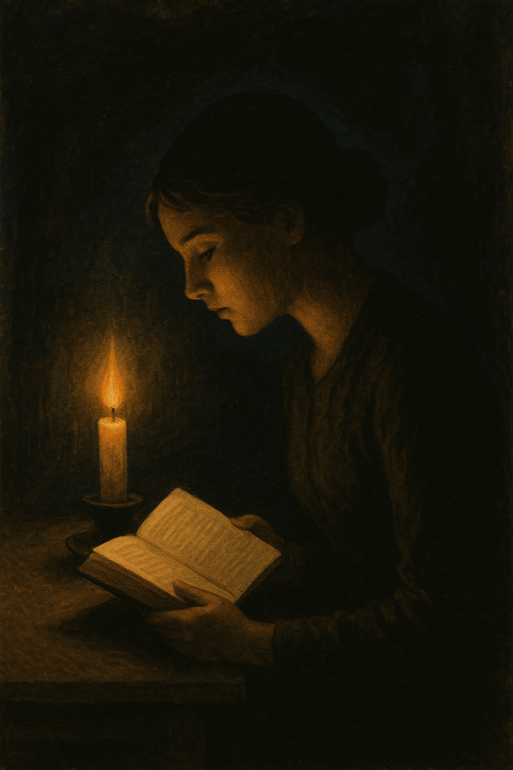 A young woman reads a book by the warm glow of a single candle in a dark room. Her face is softly illuminated, highlighting her deep focus and quiet determination. Shadows surround her, creating an intimate, contemplative atmosphere that evokes secret lea