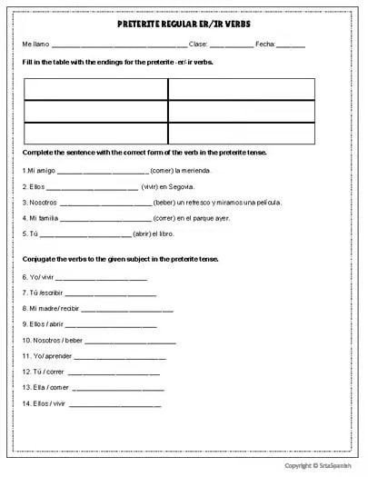 El Pretérito Preterite Tense Spanish Worksheets ER IR Regular Verbs Practice
