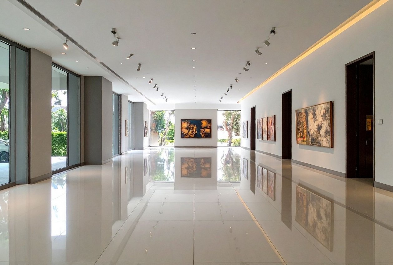 Framed Artwork in a hallway in an auditorium.