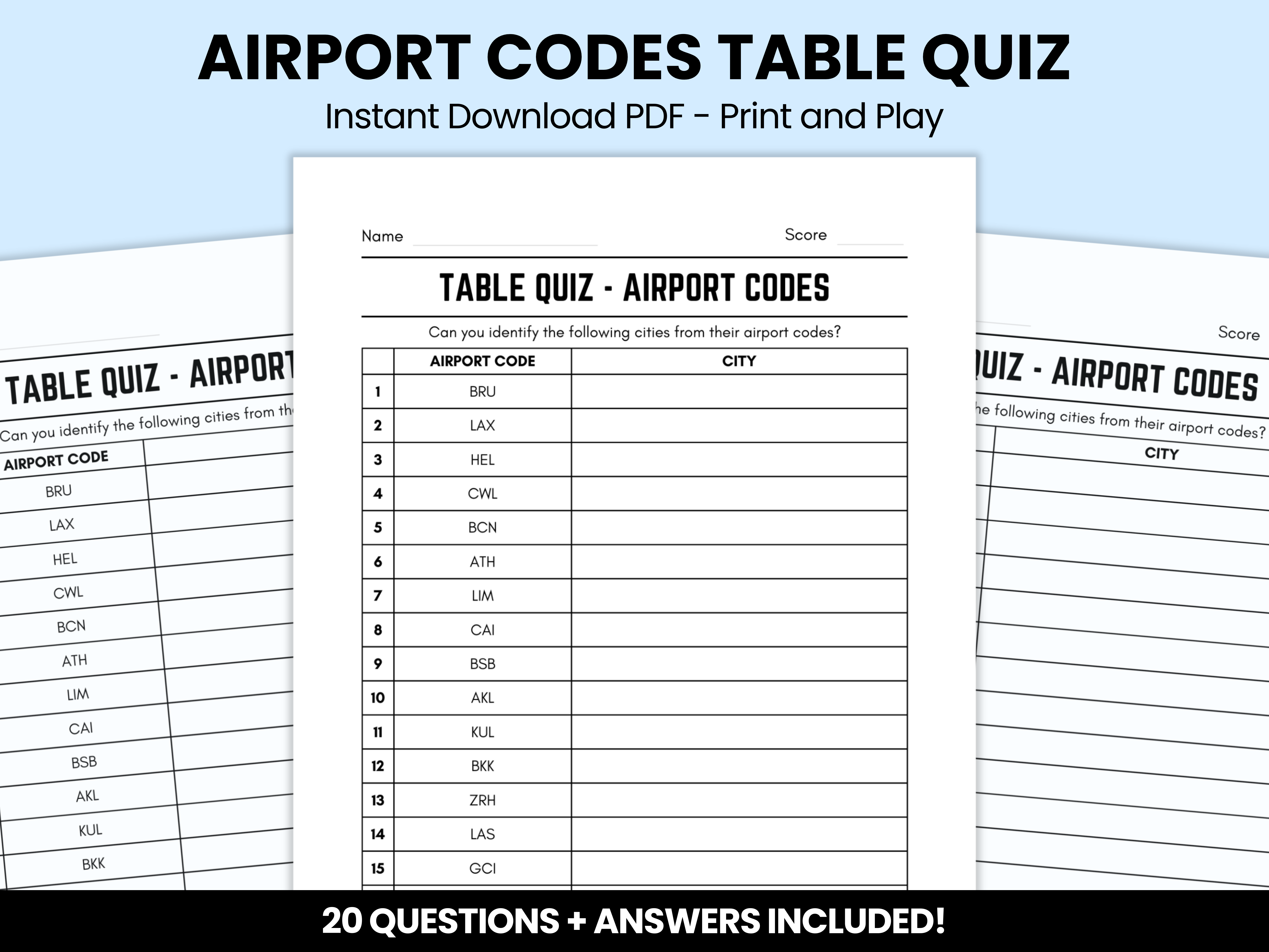Airport Codes Table Quiz With Answers – Instant Download