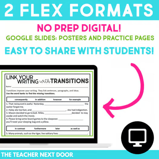 Transitions Words Worksheets for Paragraph Writing, Anchor Chart, Printable List