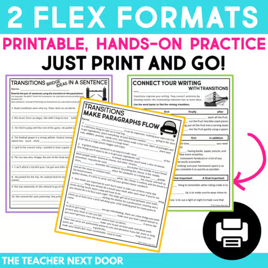 Transitions Words Worksheets for Paragraph Writing, Anchor Chart, Printable List