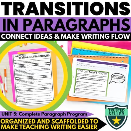 Transitions Words Worksheets for Paragraph Writing, Anchor Chart, Printable List