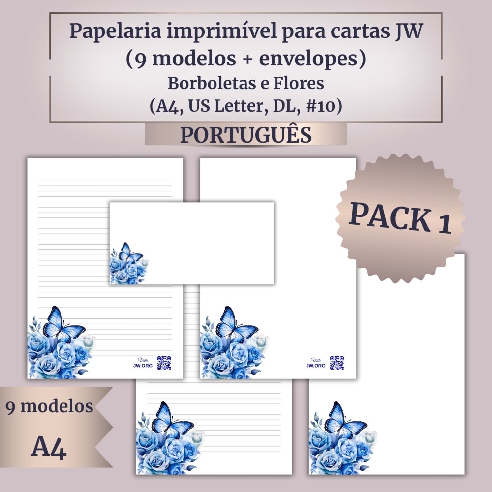 Papelaria imprimível para cartas JW (9 modelos + envelopes) – Borboletas e Flores – (A4, US Letter, DL, #10)