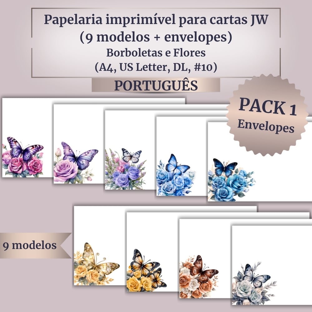 Papelaria imprimível para cartas JW (9 modelos + envelopes) – Borboletas e Flores – (A4, US Letter, DL, #10)
