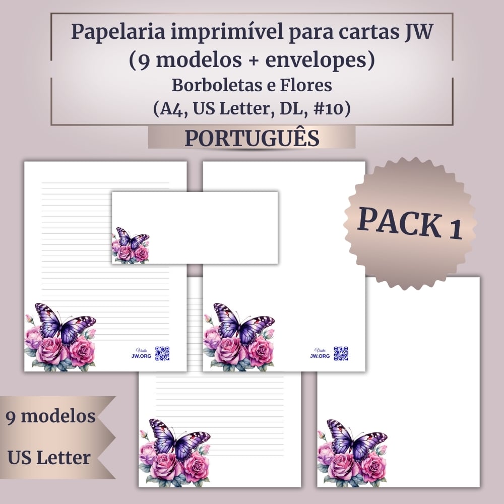 Papelaria imprimível para cartas JW (9 modelos + envelopes) – Borboletas e Flores – (A4, US Letter, DL, #10)
