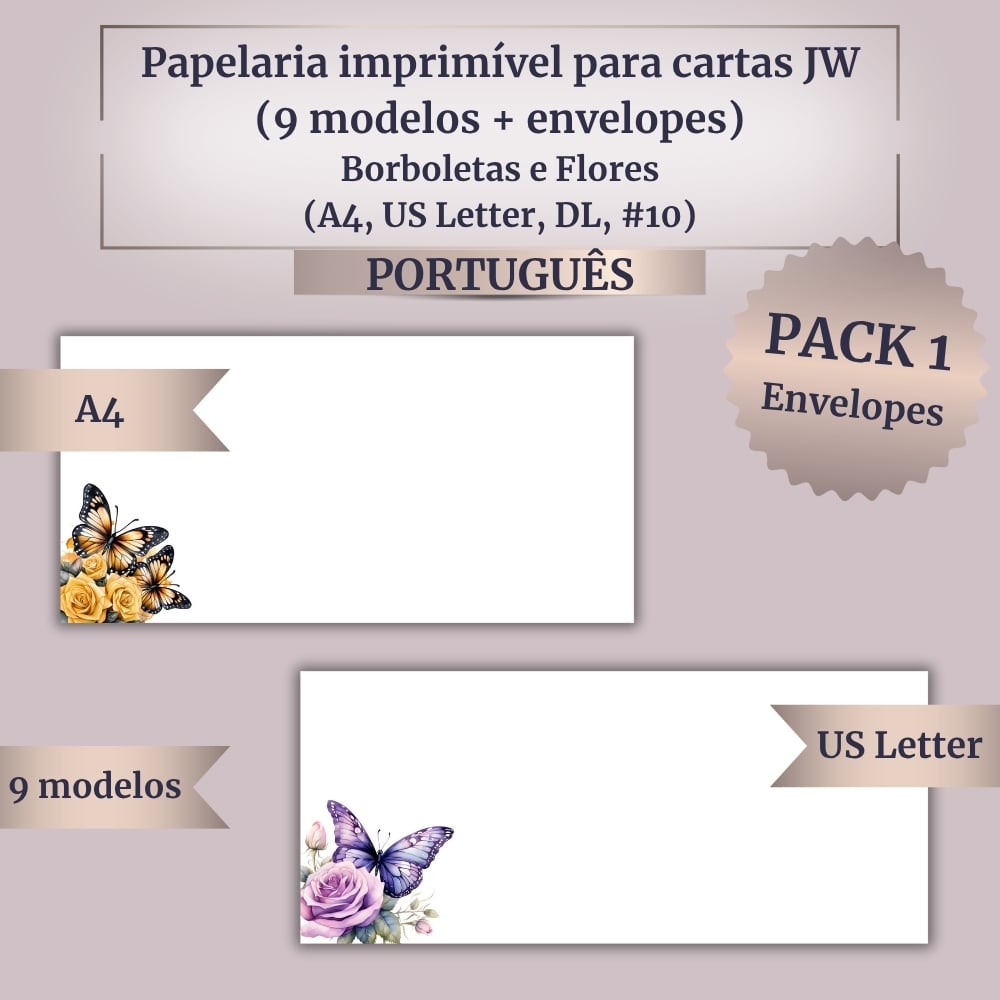 Papelaria imprimível para cartas JW (9 modelos + envelopes) – Borboletas e Flores – (A4, US Letter, DL, #10)