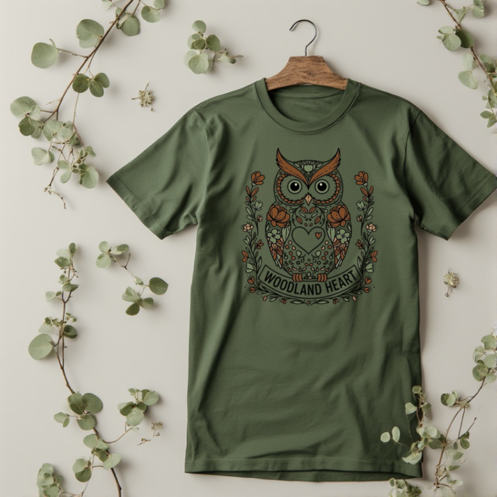 Printable woodland heart ,owl and flowers, nature graphic