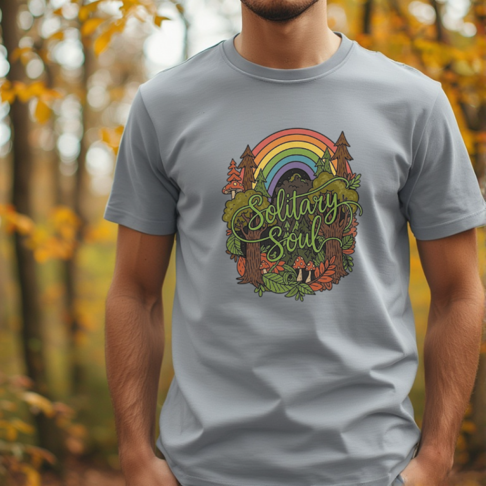 Featuring a bright rainbow surrounded by a surreal forest, this print-ready graphic captures the spirit of adventure and the great outdoors