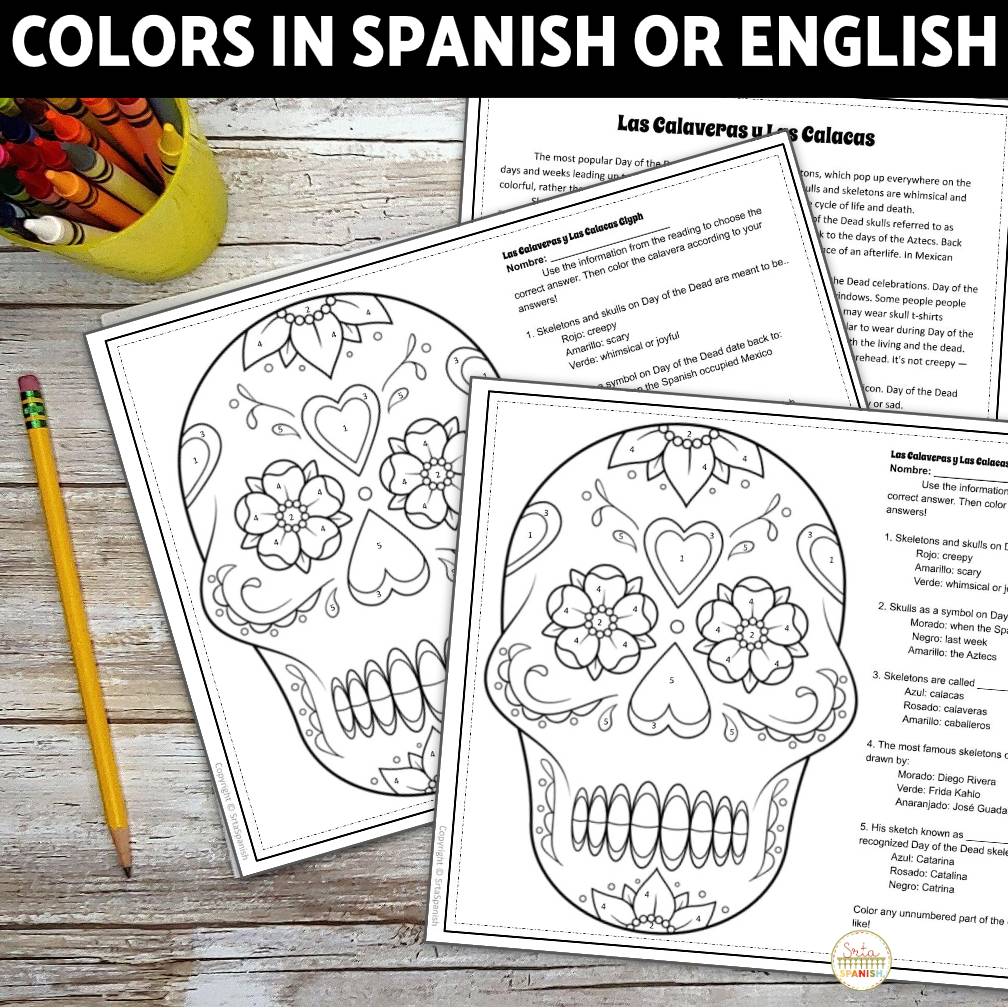 Día de los Muertos Sugar Skull Fun Fall Reading Spanish Coloring Activity Sheets