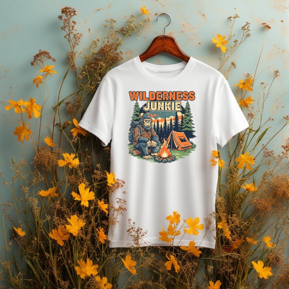 Featuring an amicable Bigfoot surrounded by a dense pine forest