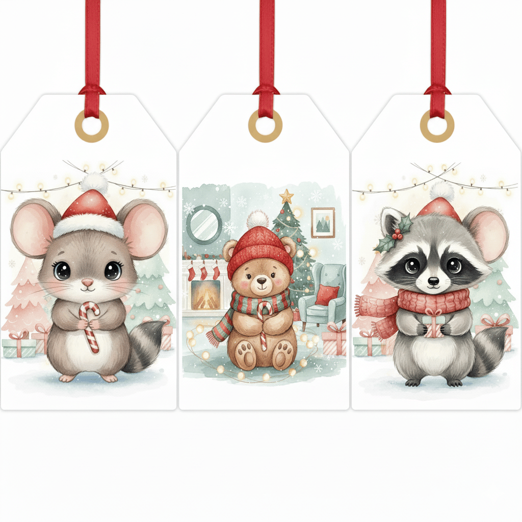 Watercolor Christmas gift tags with cute woodland animals wearing holiday hats.