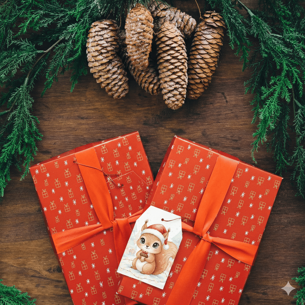 Two red Christmas gift boxes with watercolor woodland animal gift tags.