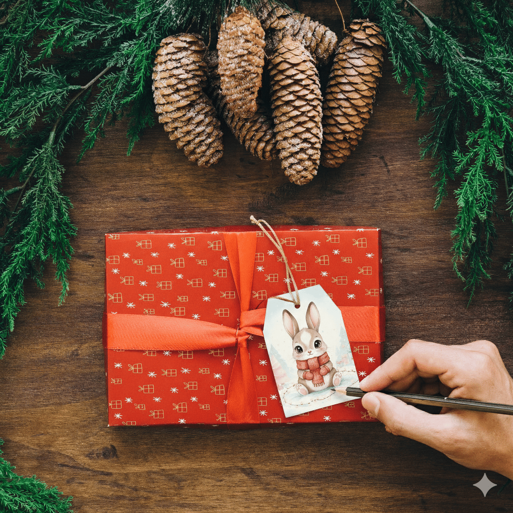 Hand attaching watercolor woodland Christmas tag to wrapped holiday present.