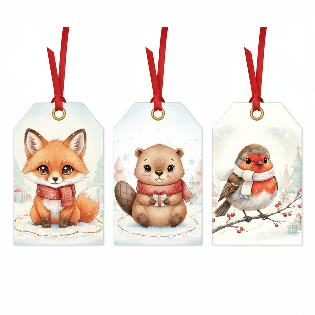 Printable watercolor fox, squirrel, and bird Christmas gift tags with red ribbons.