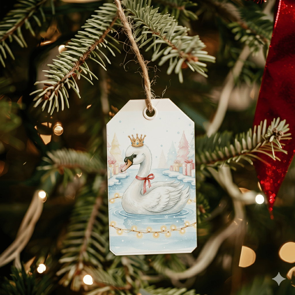 Watercolor swan Christmas tag hanging on tree branch with festive lights.